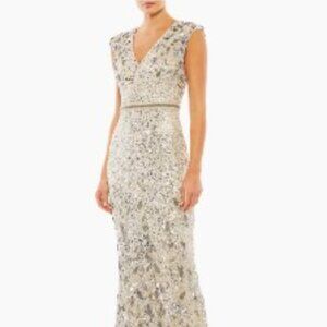 Mac Duggal Metallic A-Line Gown Size 6 Beige and Silver